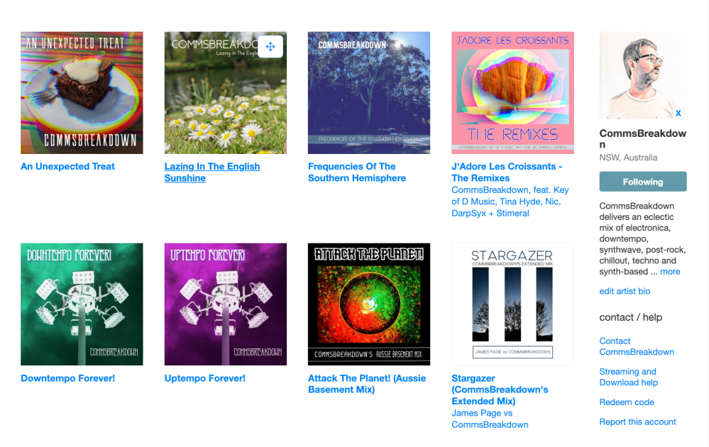 Screenshot of the Bandcamp page for CommsBreakdown