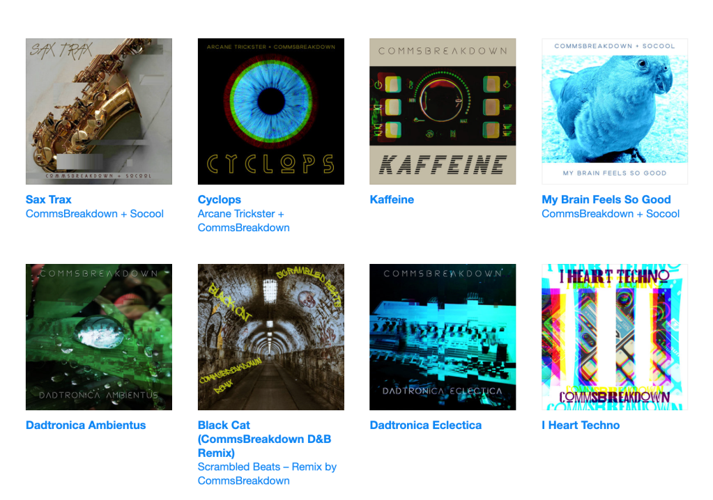 A screenshot of the CommsBreakdown Bandcamp page, showing the most recent 8 releases by the artist.